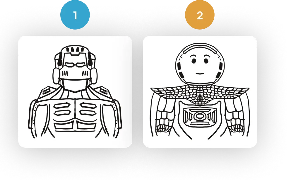 Two base character concepts; option 1 won on how far its modularity could stretch.