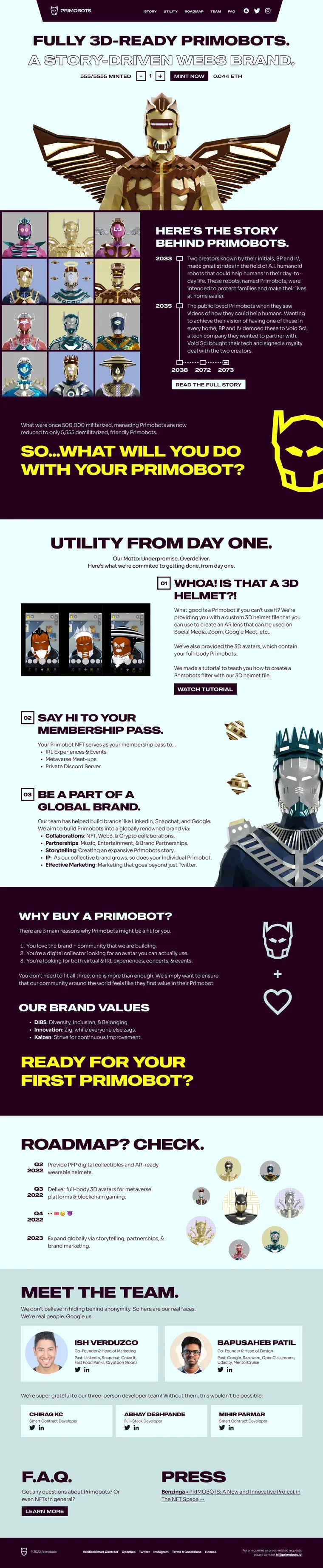 High-fidelity primobots.io: mint interface with live mint count and pricing, story, utilities, roadmap.